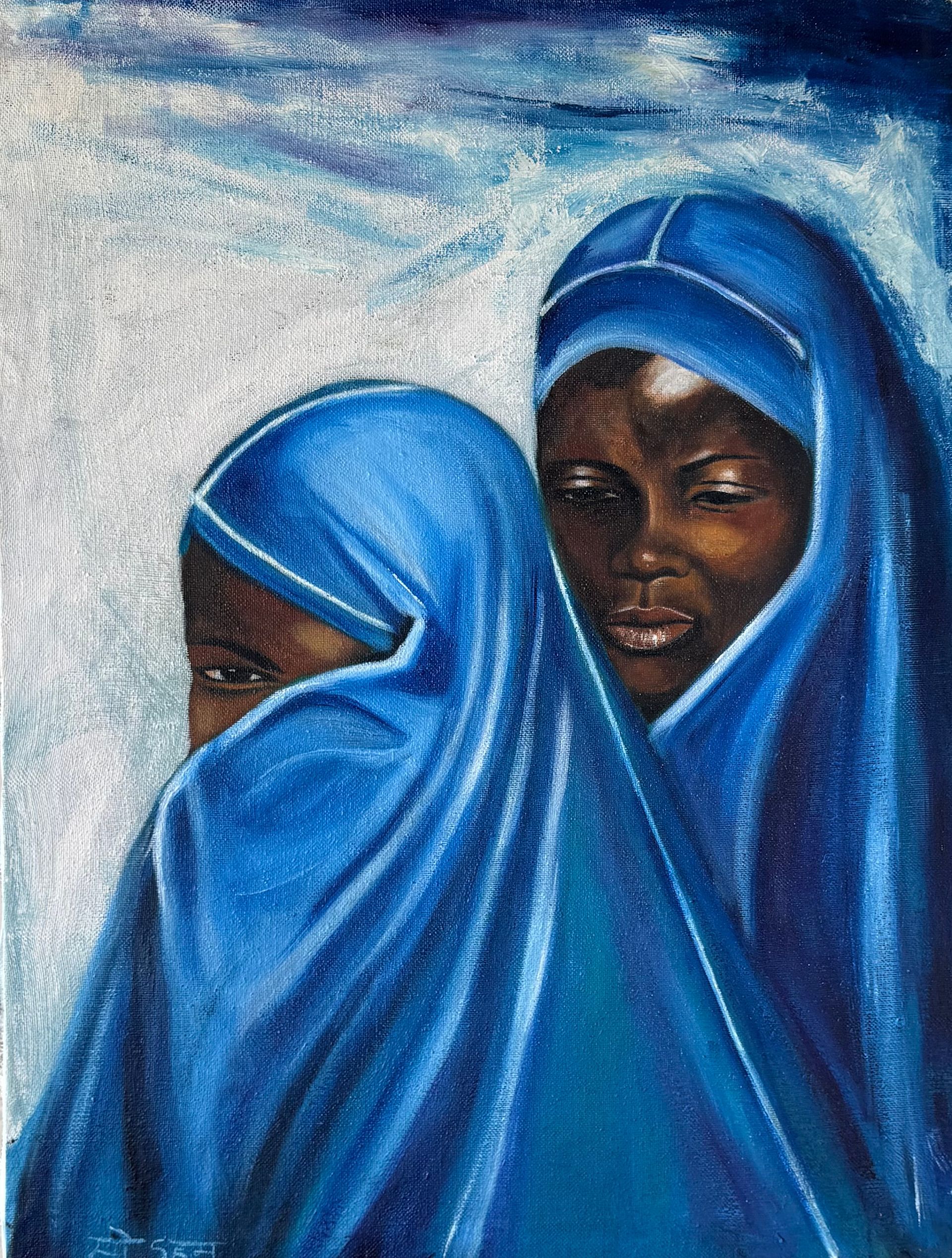 Portrait de deux femmes avec une voile bleu