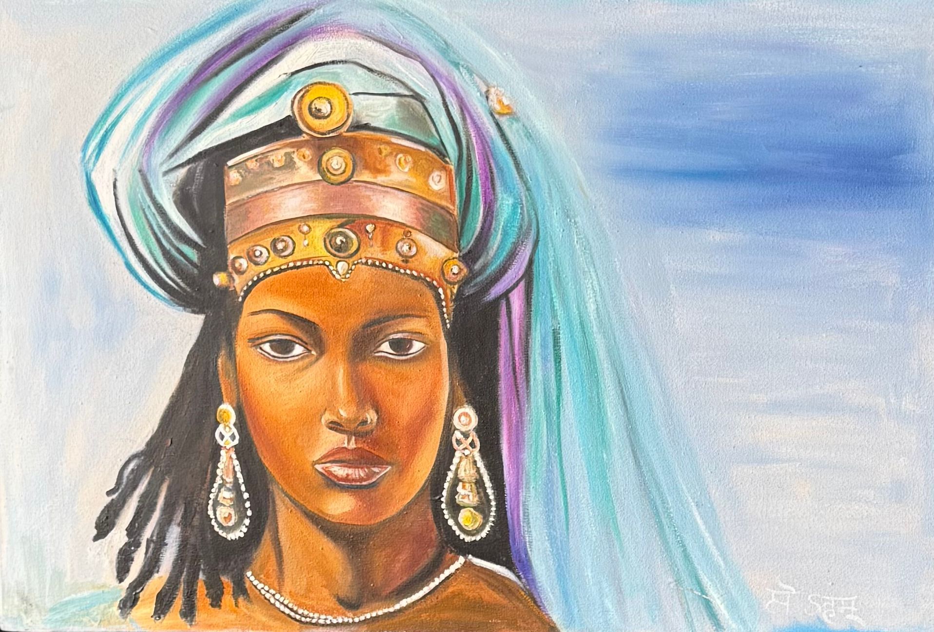 Portrait d'une femme avec une couronne et des grosses boucles d'oreilles