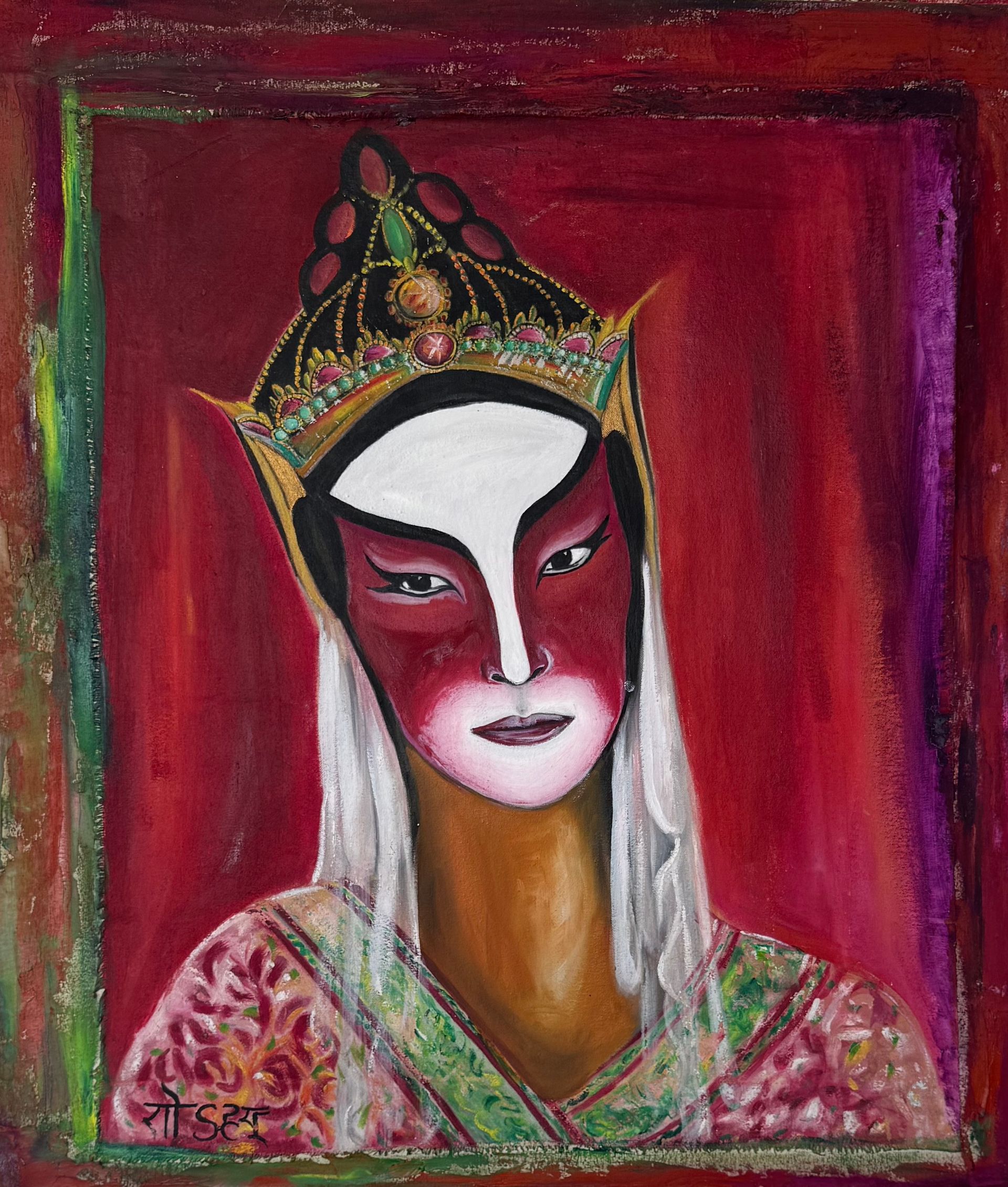 Portrait d'une femme avec le visage peint en rouge et blanc