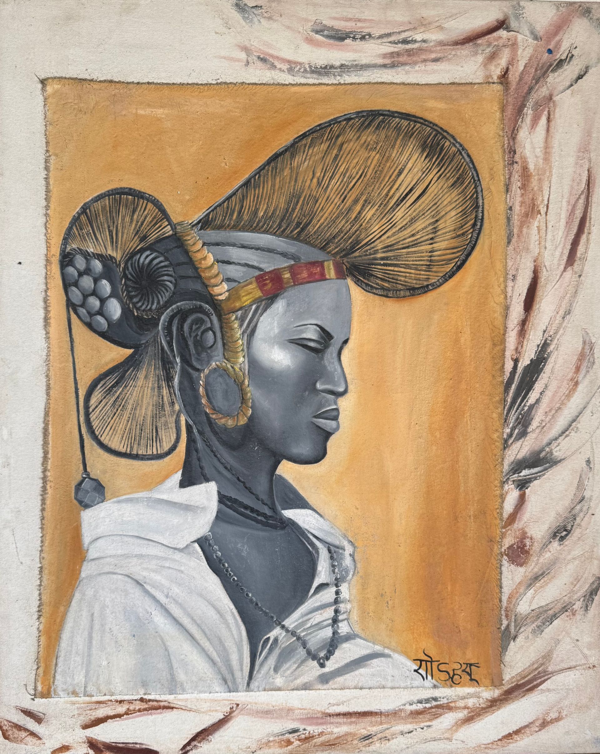 Portrait d'une femme de profil portant une coiffe et les yeux fermés