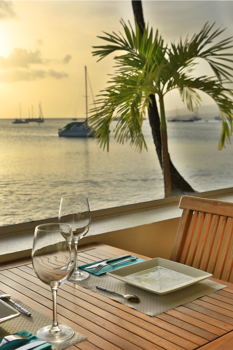 Une table avec vue sur la mer et un palmier
