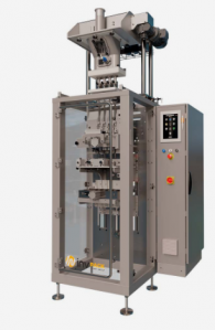 Machine d'emballage industrielle avec châssis gris, portes de sécurité transparentes et panneau de commande latéral droit