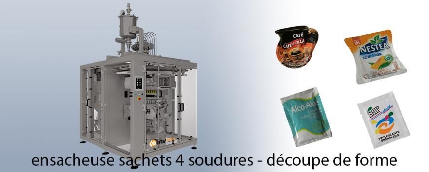 Machine d'emballage automatisée de sachets à côté de sachets finis sur fond clair, texte en français en dessous