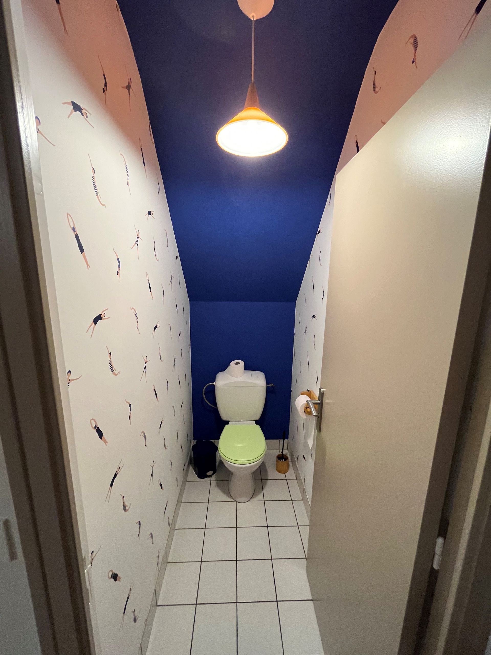 Cabine de toilettes étroite avec WC et mur du fond bleu, vue depuis l'entrée sous une suspension lumineuse.