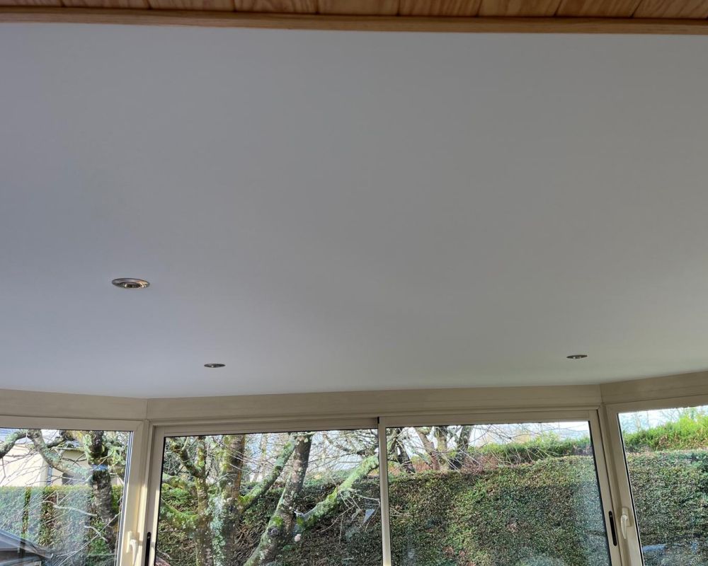 Plafond blanc avec spots encastrés au-dessus de grandes baies vitrées donnant sur la verdure.
