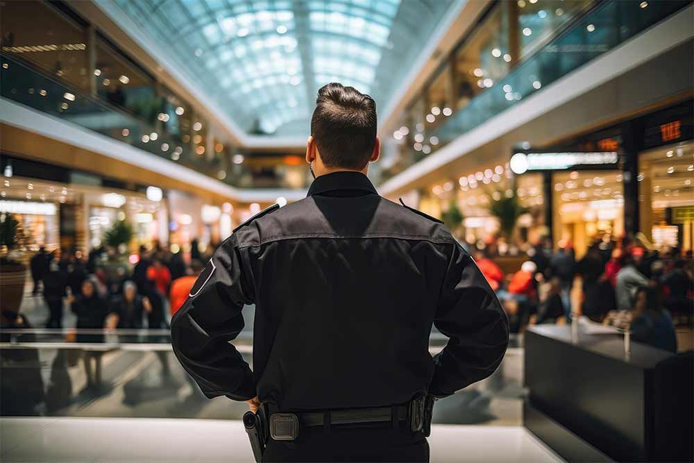 Erfahrene Sicherheitskräfte - ein Wachmann steht in einem Einkaufszentrum und schaut auf eine Menschenmenge .