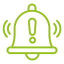 Une icône de cloche de notification verte avec un point d'exclamation à l'intérieur pour indiquer une alerte ou un avertissement.