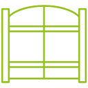 Une icône vert clair représentant un portail à double porte avec un cadre supérieur arqué.