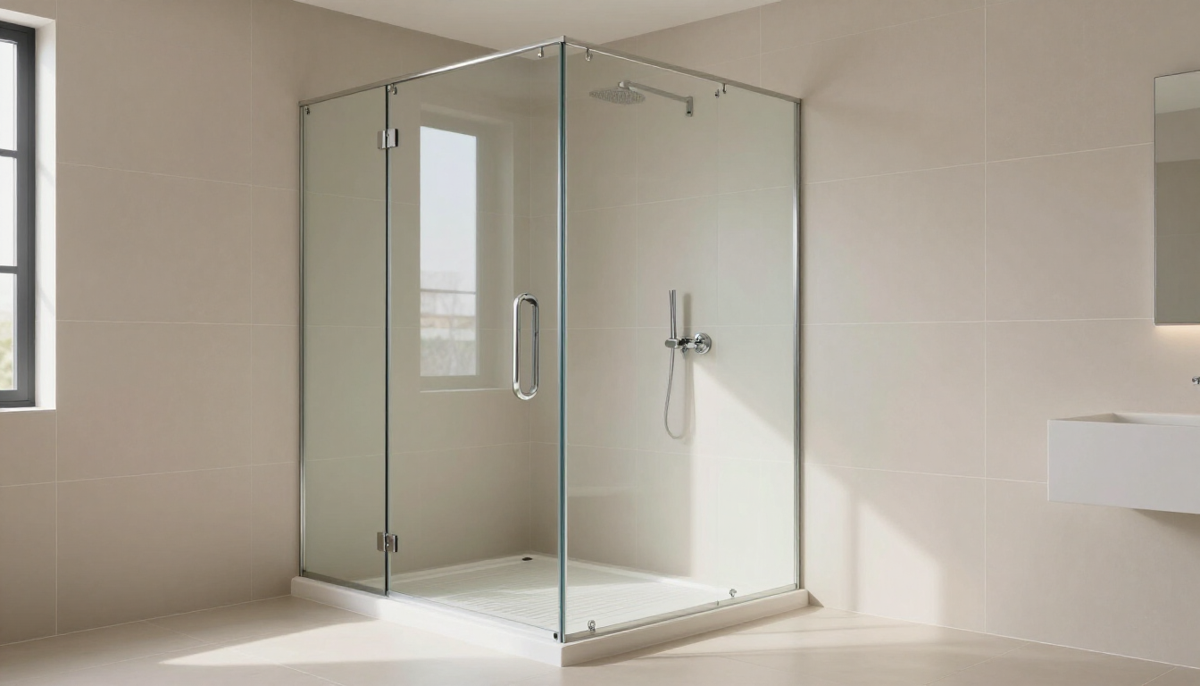 Una mampara de ducha cuadrada de cristal con grifería cromada y base blanca, situada en el centro de un baño