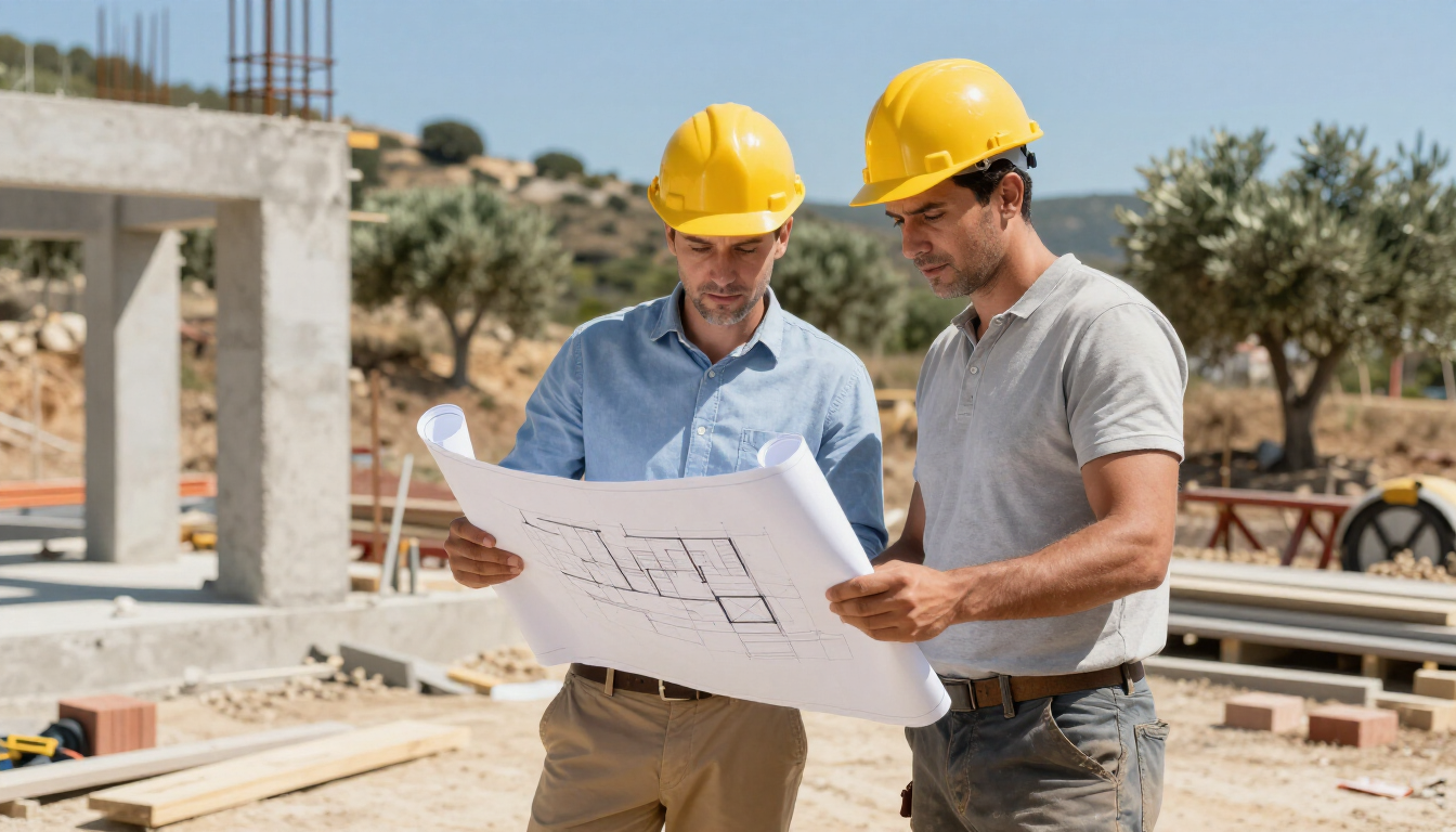Dos obreros de la construcción con cascos amarillos revisan planos en una soleada obra al aire libre.