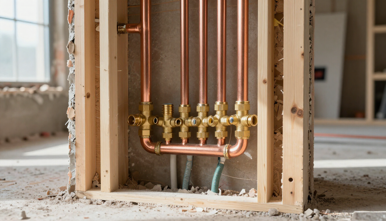 Tuberías de cobre y colector de latón instalados entre los montantes de madera de una pared en una obra en construcción.