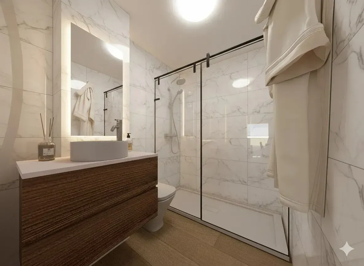 Un baño moderno con paredes con diseño de mármol, un tocador flotante de madera con lavabo sobre encimera.