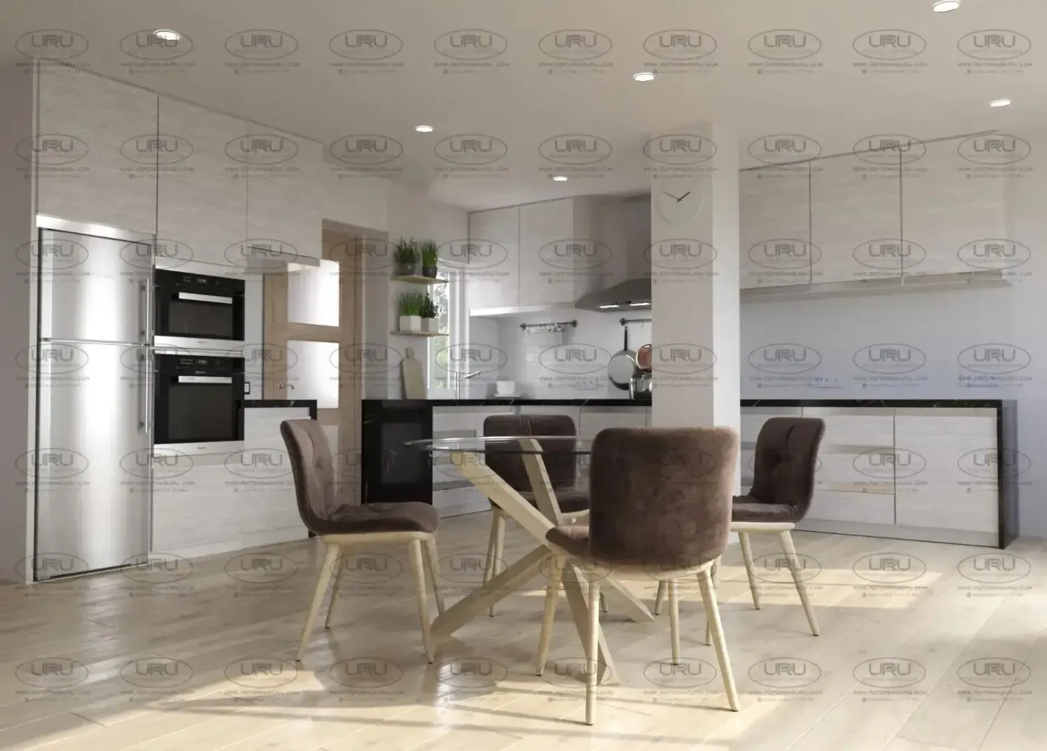 Una cocina moderna con armarios de madera clara, electrodomésticos de acero inoxidable y una mesa de comedor .