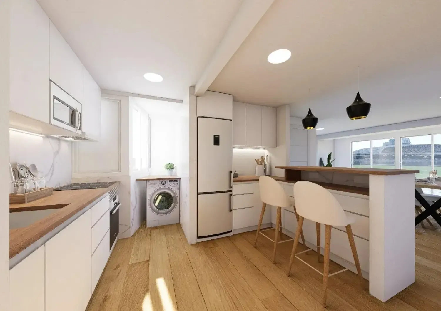 Una cocina moderna y minimalista con armarios blancos, suelo de madera clara, frigorífico de acero inoxidable.