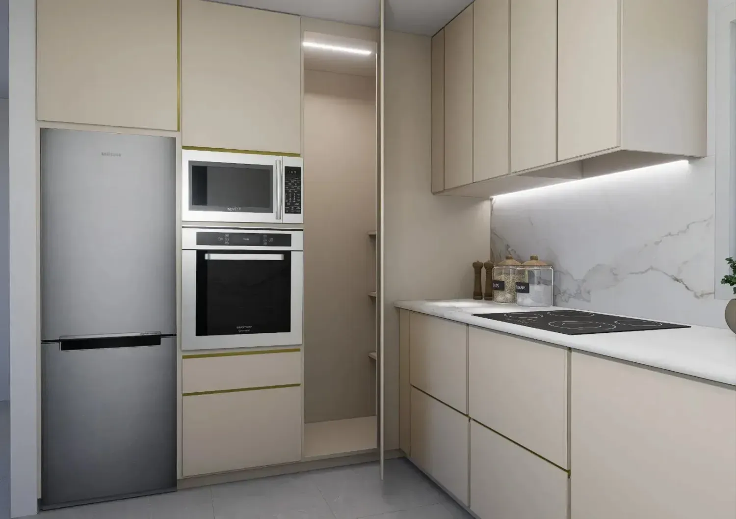 Cocina moderna con gabinetes color beige, electrodomésticos de acero inoxidable y salpicadero.