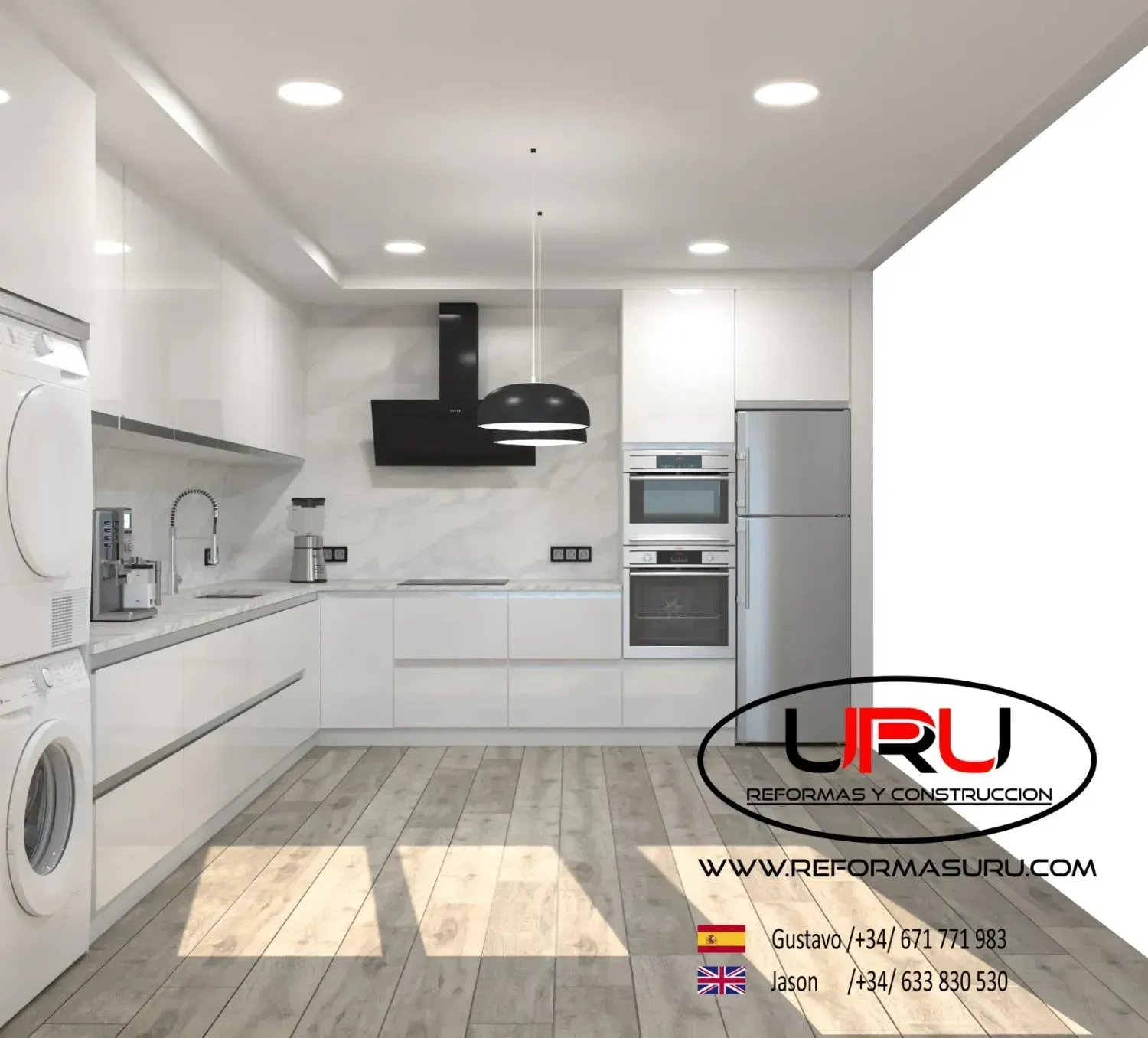 Cocina moderna con armarios blancos, electrodomésticos de acero inoxidable, lavadora-secadora apilada.