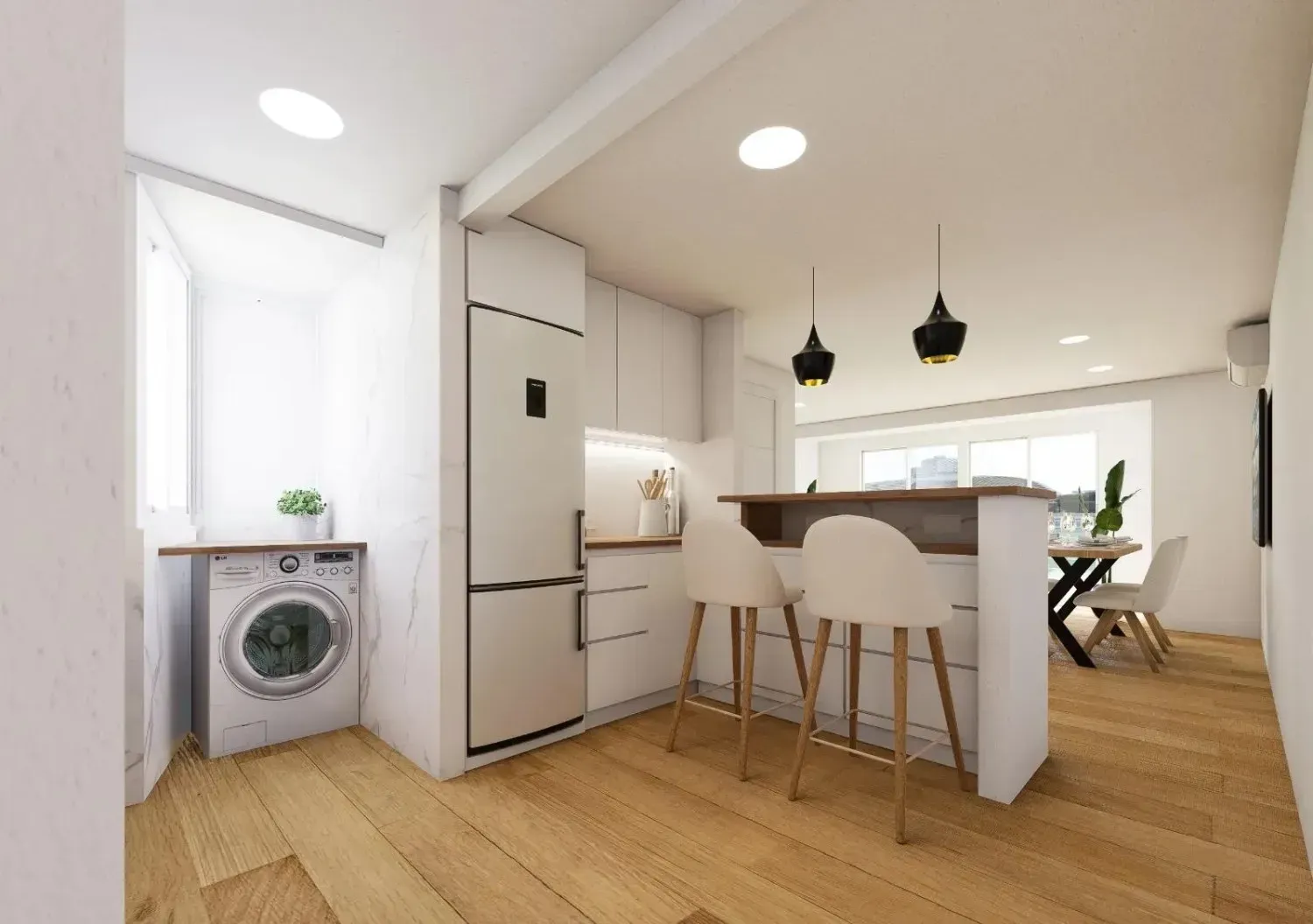 Una cocina luminosa con lavadora, armarios blancos, nevera y una isla con dos taburetes sobre suelo de madera.