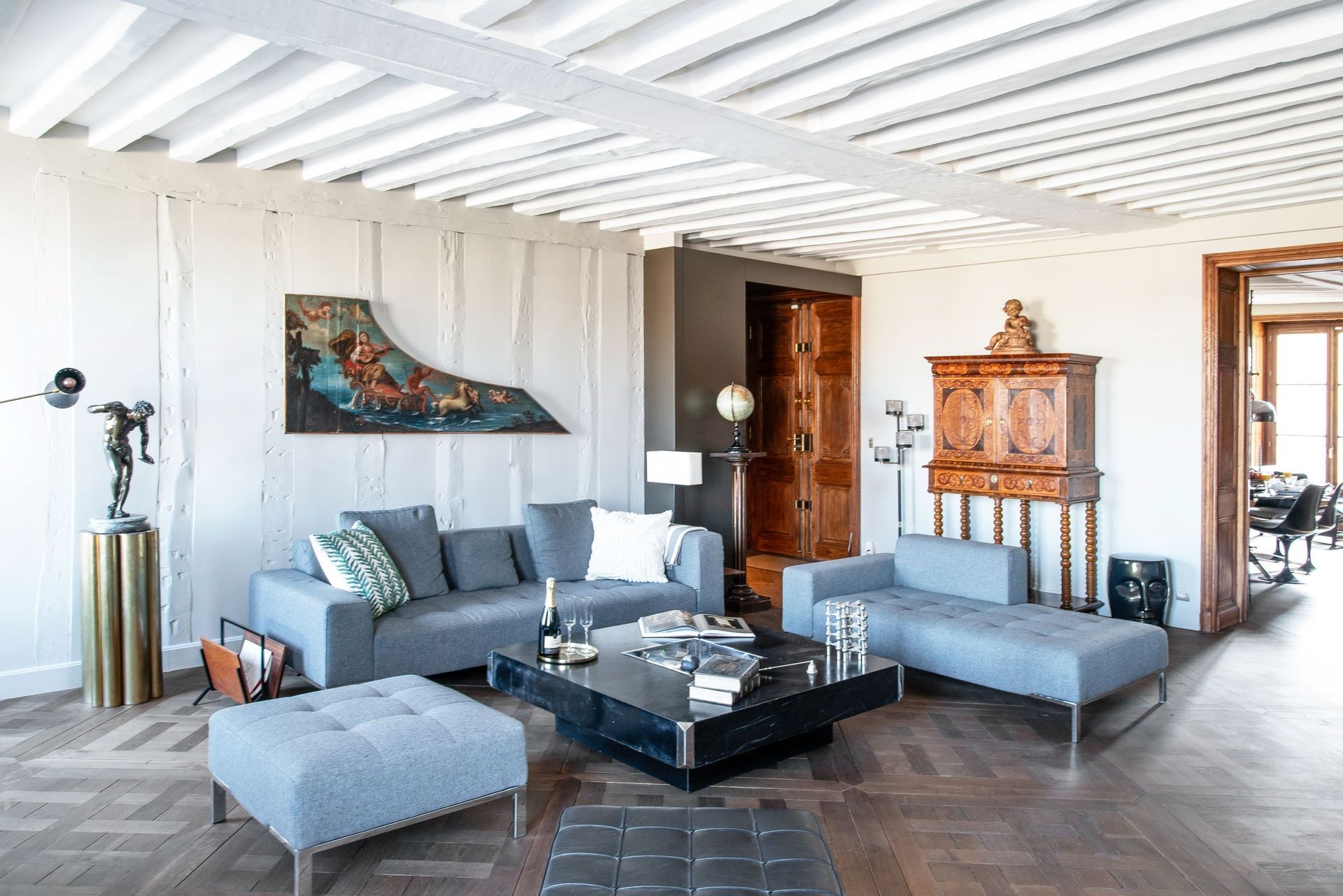 A living room with a couch and a coffee table