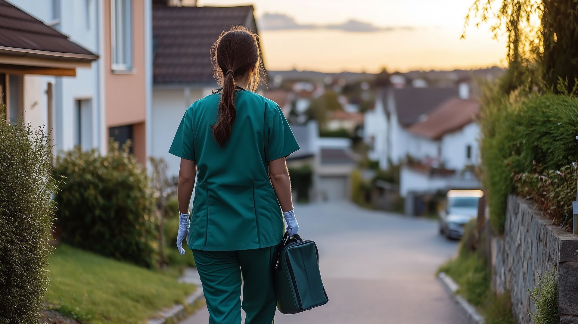 Une infirmière marche le long d'une maison