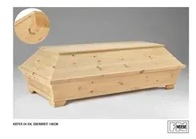 Kiefer-04-XXL-Ueberbreit-100cm | Heller Holzsarg mit Deckel, dargestellt auf grauem Hintergrund, mit kleiner Detailansicht.