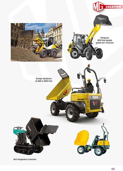 Collage de camions-bennes et de chargeuses jaunes en service, avec un logo MG rouge dans le coin.