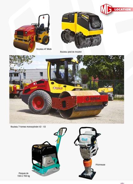 Collage de rouleaux compresseurs et d'un compacteur vibrant, représentant des machines industrielles jaunes, rouges et turquoise.