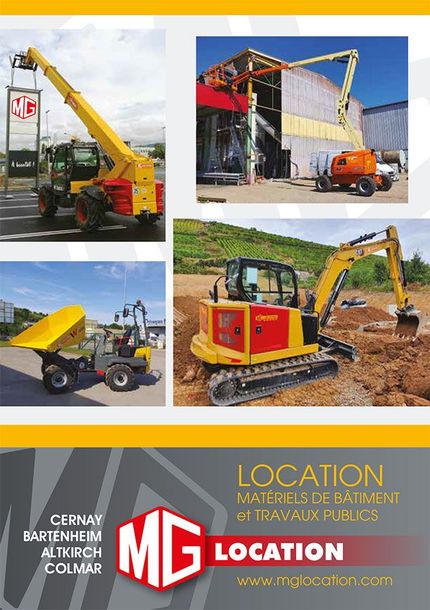 Collage de grues et excavatrices de chantier MG jaunes avec le logo MG Location et les coordonnées