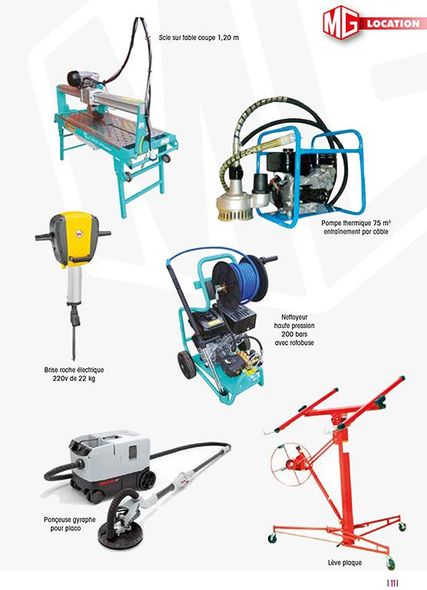 Outils et machines industrielles variés sur fond blanc, comprenant une scie circulaire, une perceuse, des meuleuses et un cric.