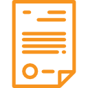 Icône de document orange avec des lignes et un sceau circulaire en bas à gauche.