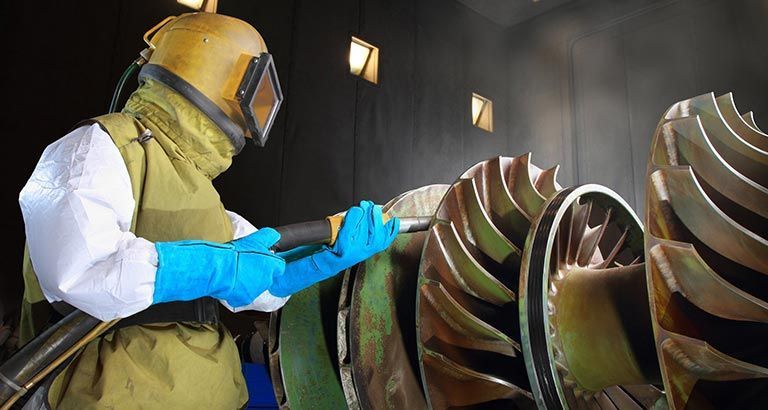 Un ouvrier portant des gants bleus inspecte de grandes pales de turbine métalliques dans un atelier industriel.