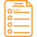 Icône orange de liste de contrôle avec un plan de document et des puces.