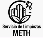 Logo en blanco y negro de Servicio de Limpiezas METH con edificios, hojas y brocha de pintura.