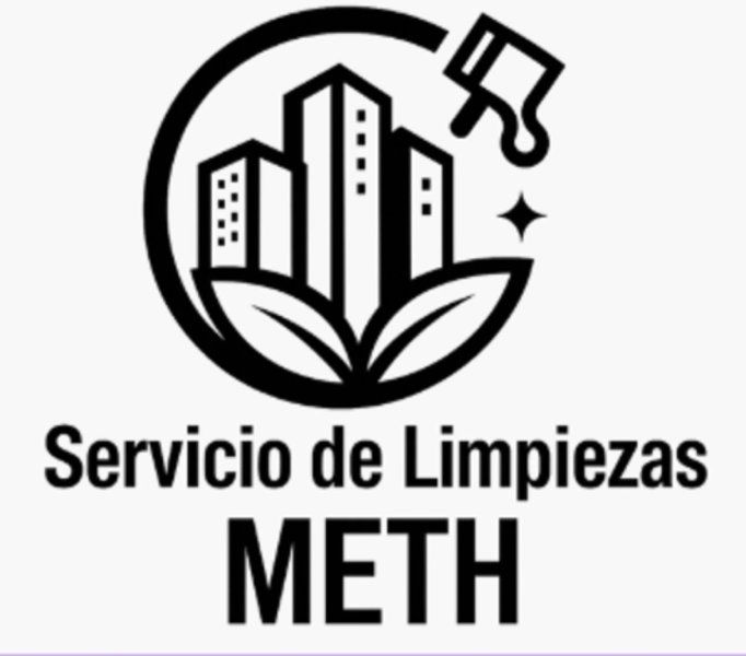 Logo en blanco y negro de Servicio de Limpiezas METH con edificios, hojas y brocha de pintura.