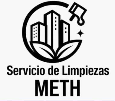 Logo en blanco y negro de Servicio de Limpiezas METH con edificios, hojas y brocha de pintura.