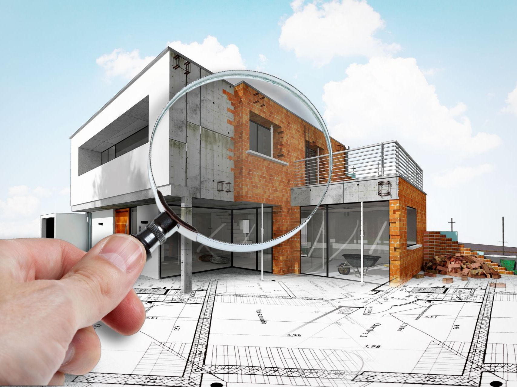 Une main tenant une loupe au-dessus d'une modélisation architecturale 3D d'une maison en construction.