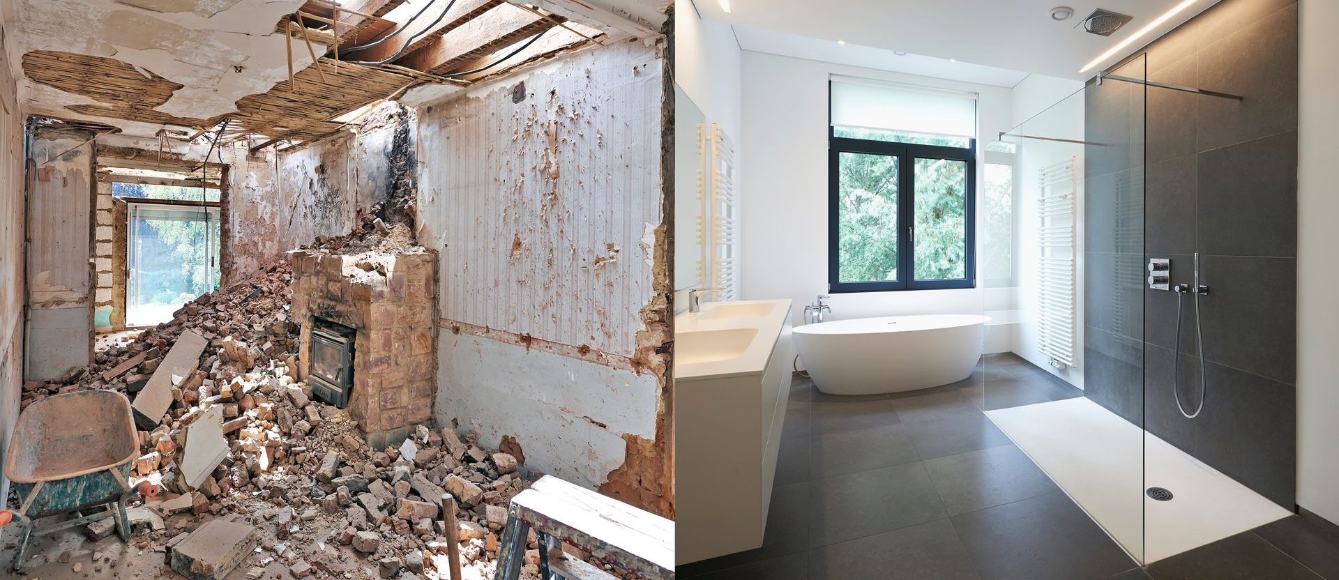 Rénovation de salle de bains : Avant, une pièce démolie ; après, une salle de bains moderne et luxueuse avec douche et baignoire.