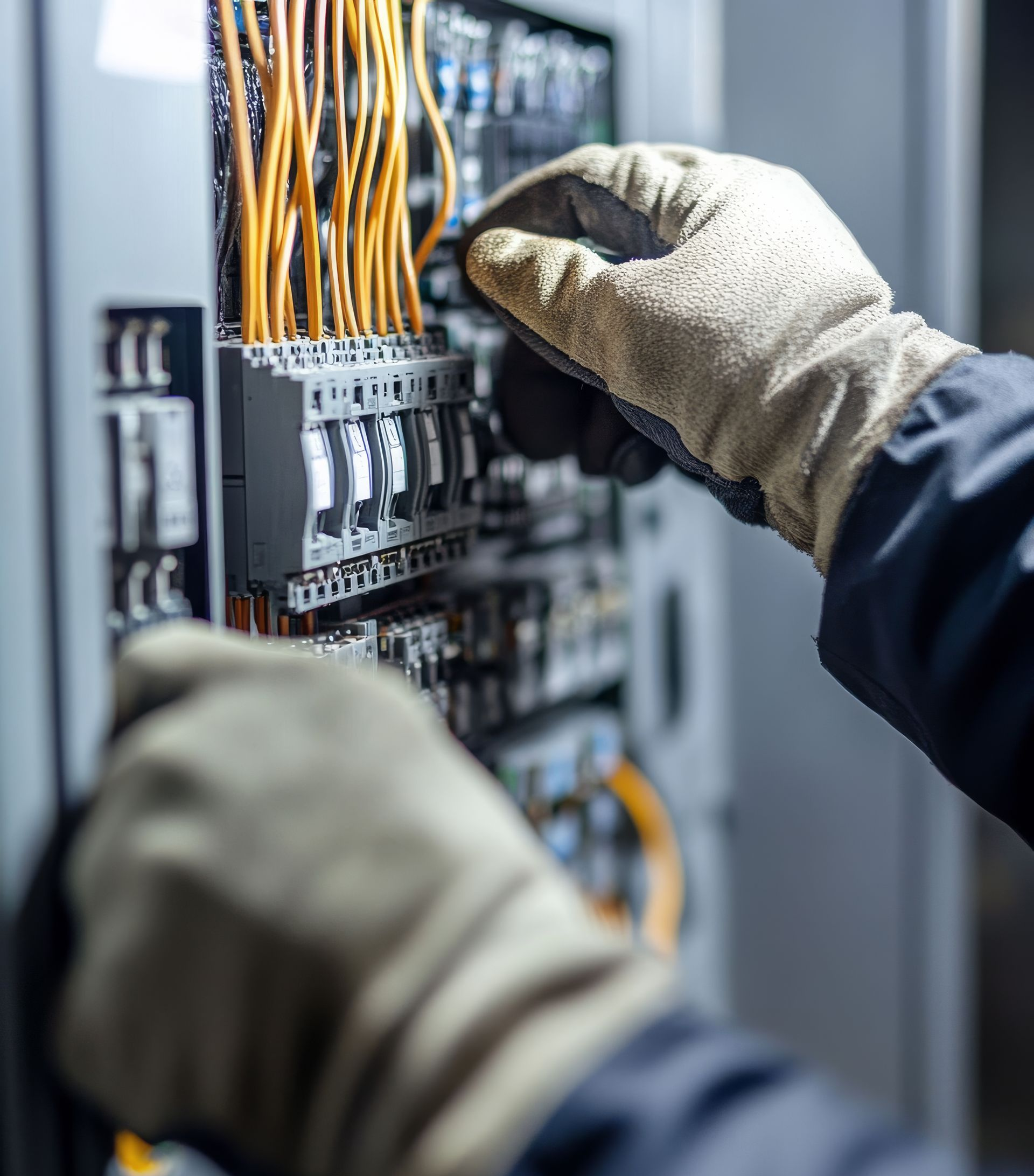 Personne portant des gants travaillant sur le câblage électrique d'un panneau.