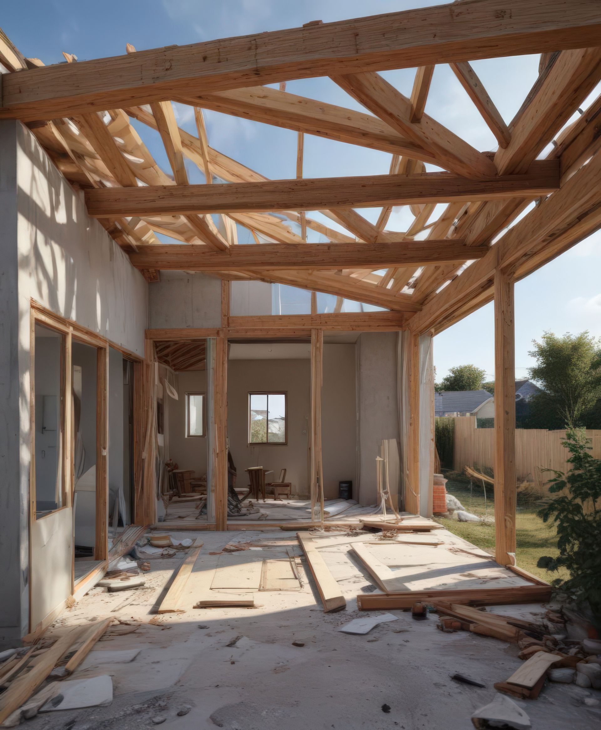 Vue intérieure d'une maison en construction avec poutres et charpente en bois apparentes.