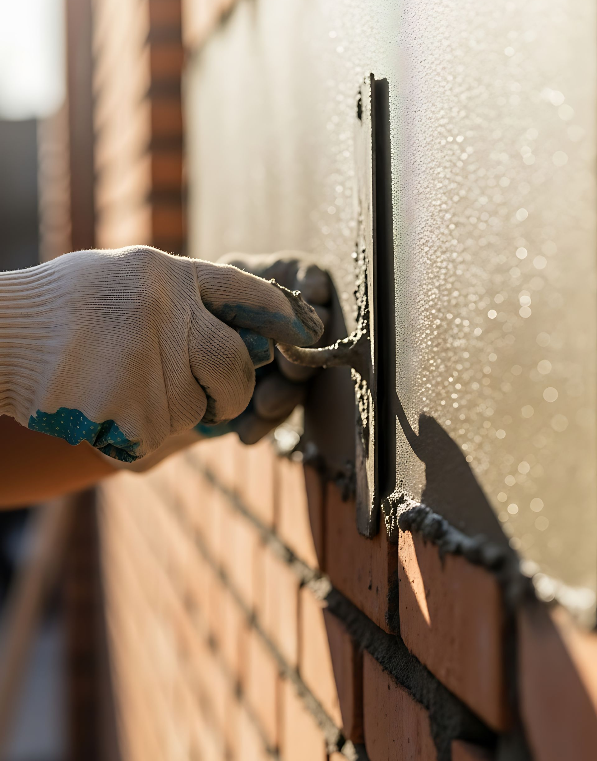 Main gantée utilisant une truelle pour appliquer du mortier sur un mur de briques.