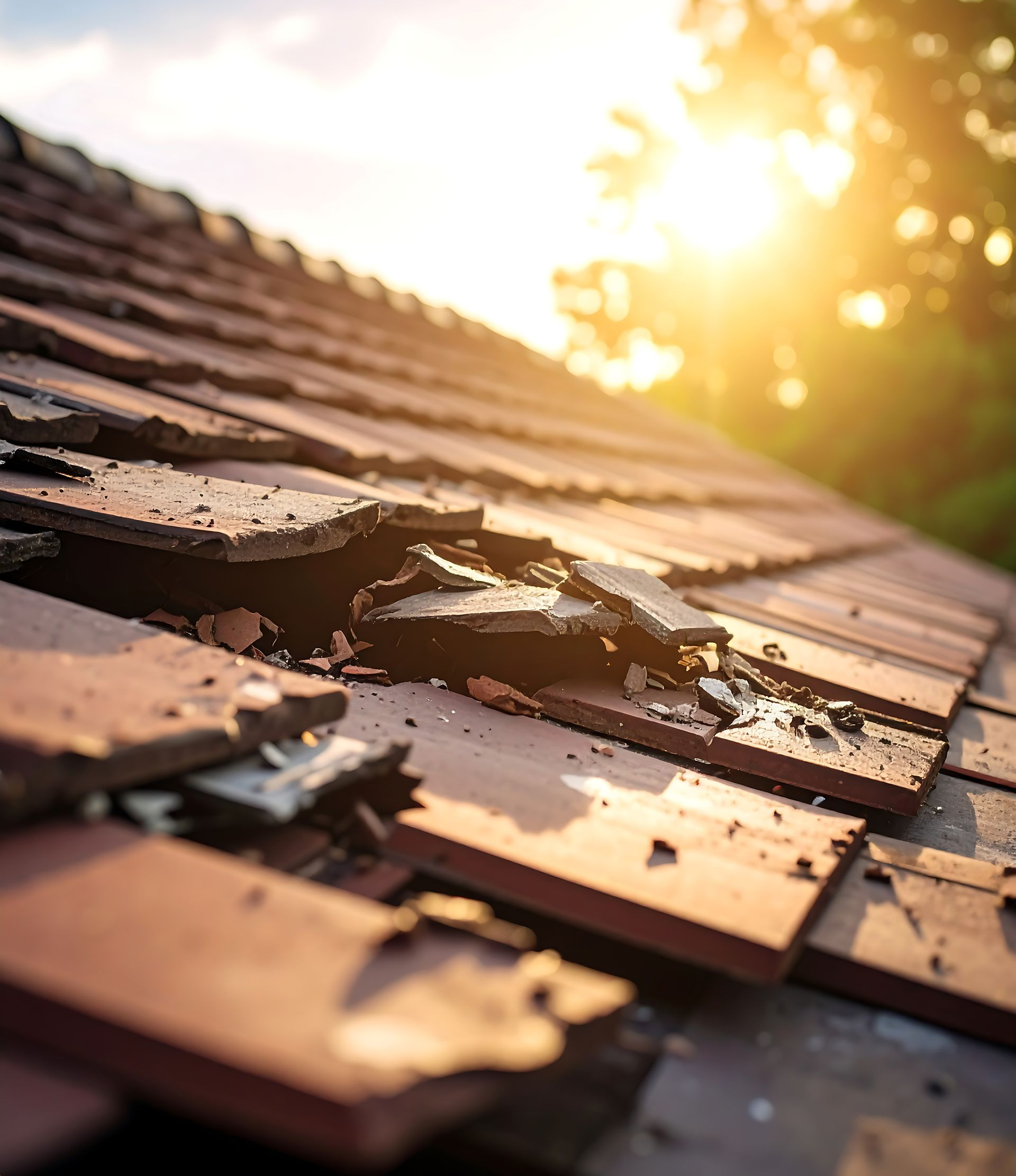 Toiture en tuiles rouges endommagée ; tuiles cassées laissant apparaître la sous-couche, éclairée par le soleil.