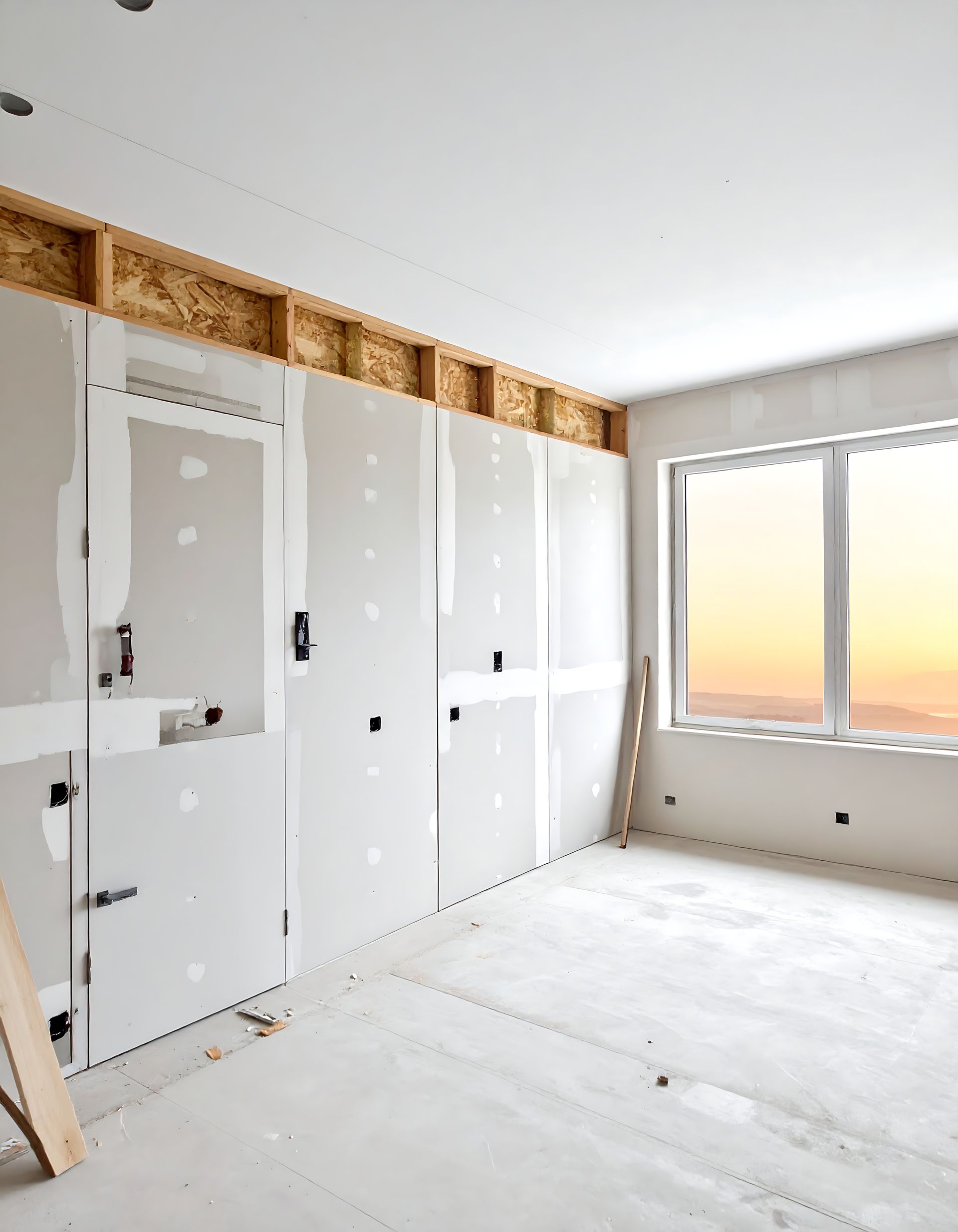 Pièce en travaux avec cloisons sèches installées aux murs et au plafond, fenêtre à droite.