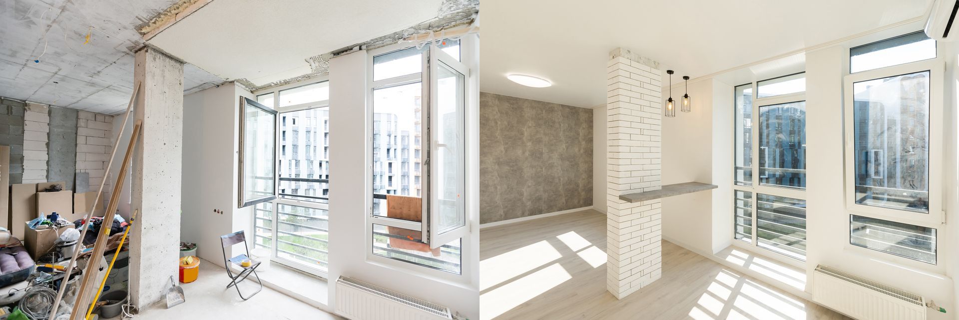 Comparaison d'une pièce avant et après rénovation. À gauche, les travaux. À droite, un espace moderne et rénové avec fenêtres.