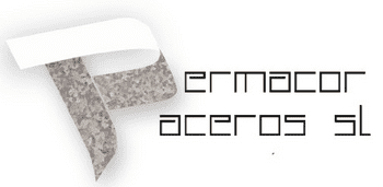 Logotipo de Ermacor Aceros SL, presenta una forma de "P" estilizada con una superficie gris texturizada y una cinta blanca, acompañada de texto.