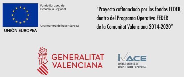 Logotipos de la Unión Europea, Generalitat Valenciana e IVACE con texto sobre la financiación FEDER.