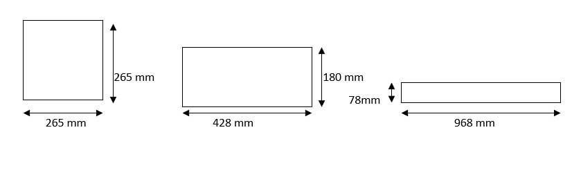 Diagrama de tres rectángulos con dimensiones en milímetros.