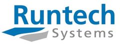 Runtech Systemsin logo sinisellä ja harmaalla tekstillä sekä tyylitellyllä kaariviivaikonilla