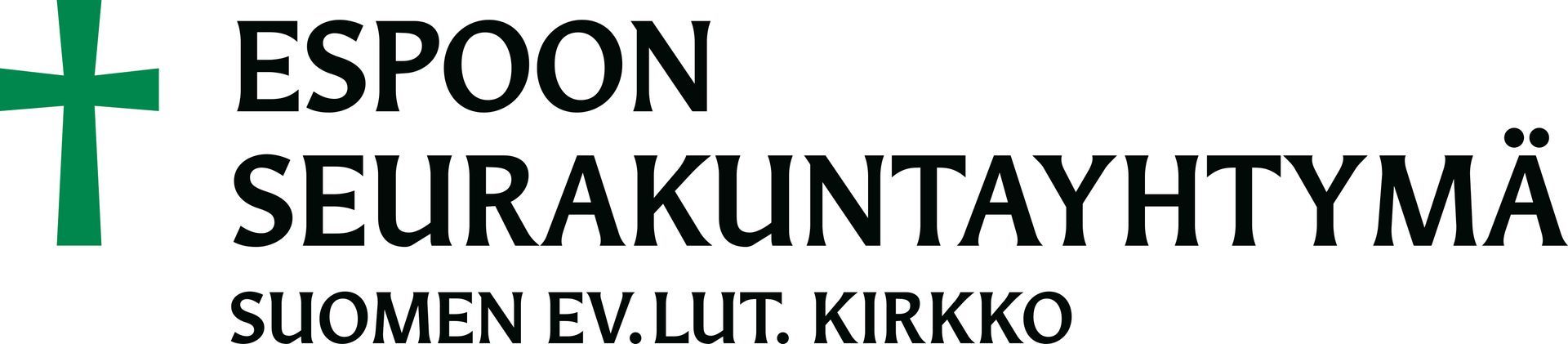 Espoon seurakuntayhtymän logo, jossa on vihreä risti ja musta teksti valkoisella taustalla