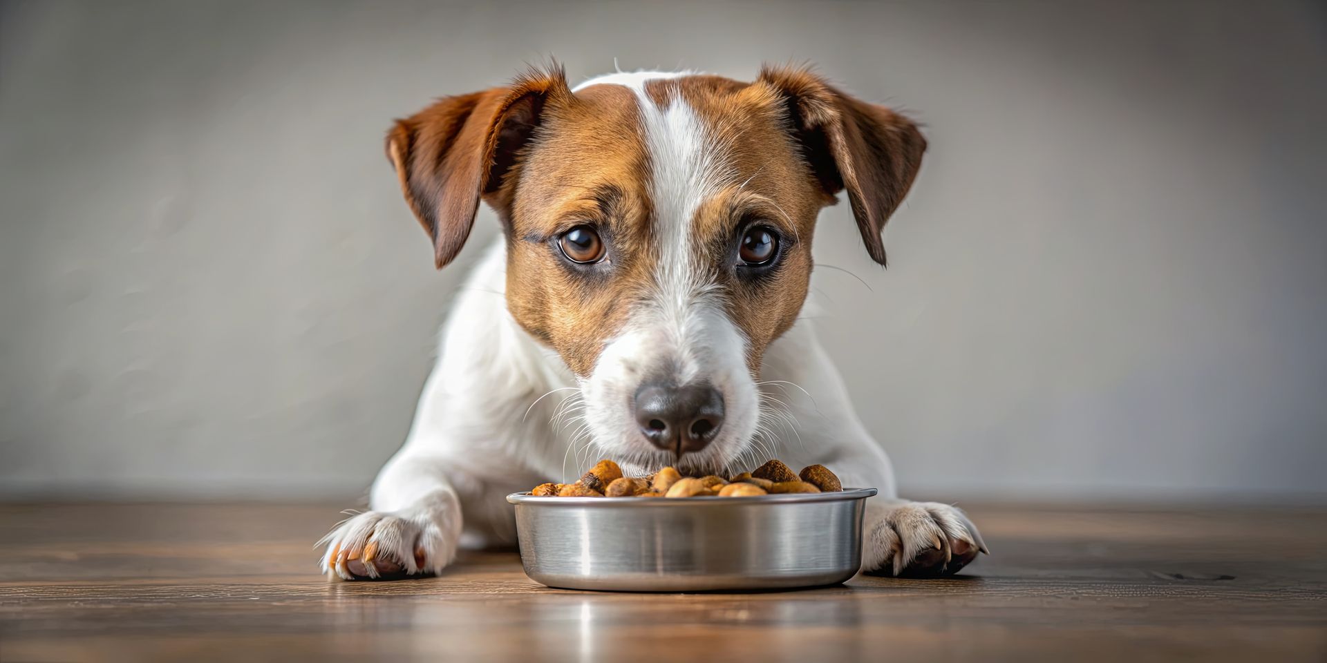 Un chien qui mange des croquettes