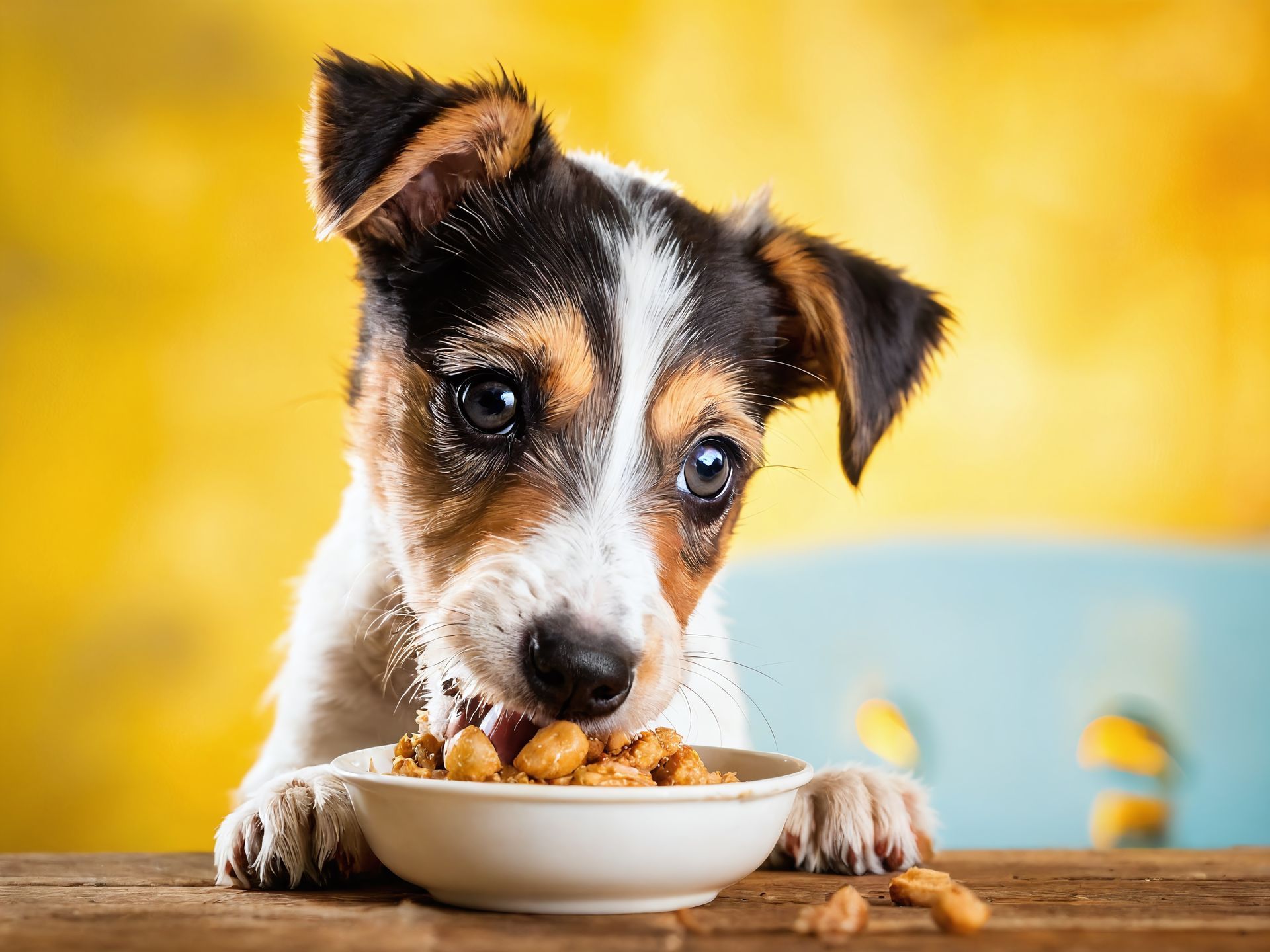 Un petit chien mange des croquettes