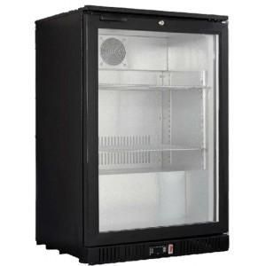 Un refrigerador negro con puerta de cristal y estantes.